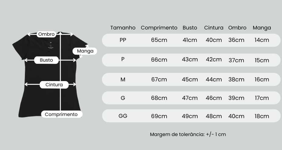 camiseta - tabela de tamanho feminino 
